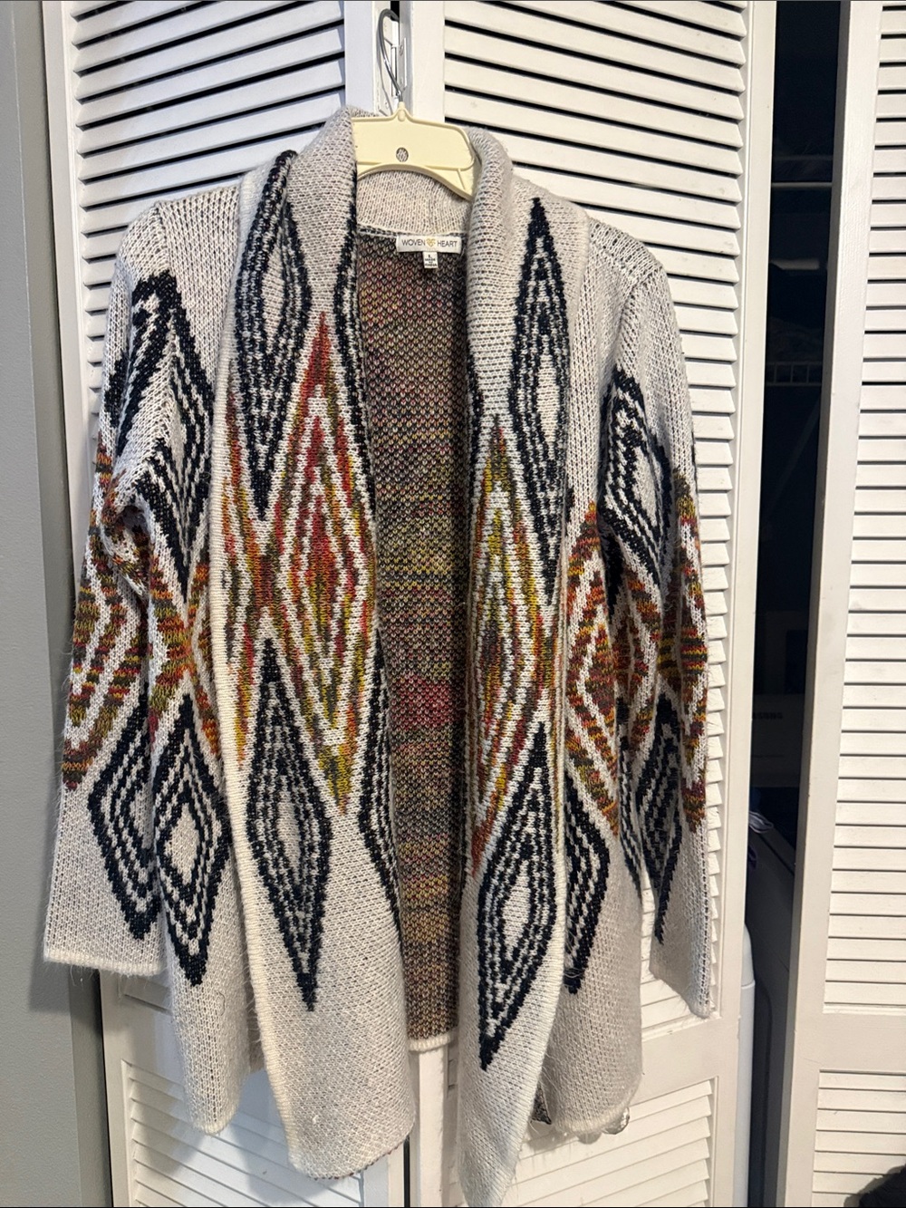Vince Camuto Cream Open-Front Cardigan with Black & Multicolor Diamond Motif